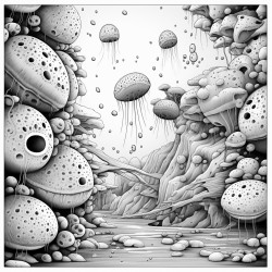 underwater scene of miniscule microbes are scattered randomly but in the center is a large virus particle