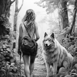 dog that is walking in the forest and a girl