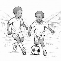 a professional  sketch drawing of 2 african chlidren playing  soccer for coloring book
