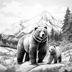 a beautiful grizzly bear and cub with a mountain range in the backround