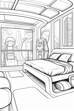 an expensive futuristic hotel room from the future with a bed and windows in space