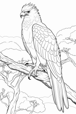 a majestic philippine eagle perched on a branch high in a tree with a forest canopy and distant mountains