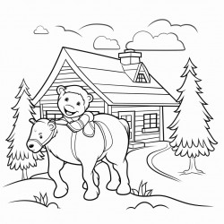 bold and easy a cartooning farmer bear on a horse trees house