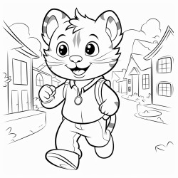 a happy cat wearing clothes walking down the road