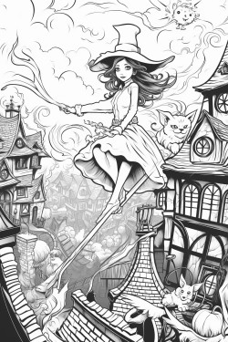 pretty witch with her cat on her broomstick flying over a cozy tudor style town decorated for halloween with jackolanterns and ghosts in an elegant art nouveau style