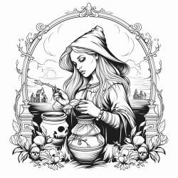 a beautiful witch handling potions  black and white no color