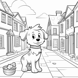 could you please draw a cartoon puppy in a town on cobbled road