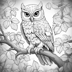 coloring page owl perched on a tree branch with leaves around no shading high details thick lines