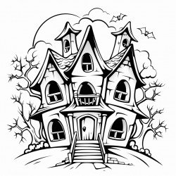 a spooky but not too scary haunted house with bats flying around and a ghost peeking out of a window