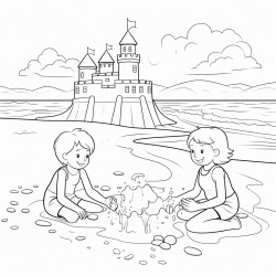 a beach where kids are playing in the sand making sand castles swimming in the ocean and surfing