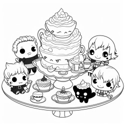 a kawaii tea party with creepy characters and eerie decorations