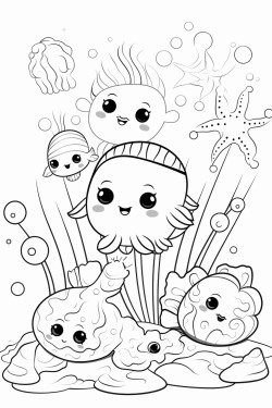 kawaii style fondo del mar con peces algas etc