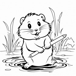beaver chewing on stick in a stream with meadow