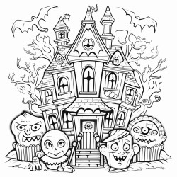 a haunted mansion with spooky characters