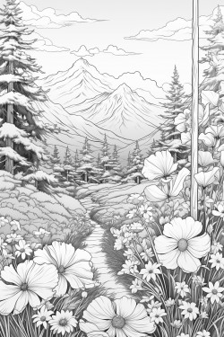 flowers in a meadow behind a beautiful mountain