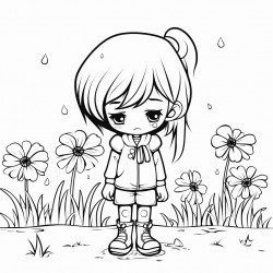 a girl crying big tears standing on grass with flowers
