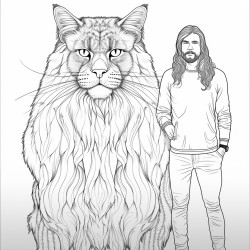 super large maincoon cat next to dwarfed image of human being