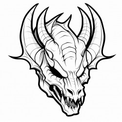 black and white line art dragon skull portrait simple clip art low detail 6 horns