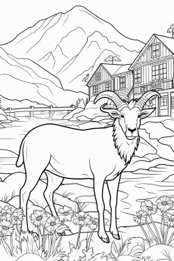 a wild goat switzerland landscape with a quaint stone house surrounded by flowers wooden dock extending into a lake