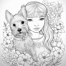 beautiful doll with flowers flowing hair ribbons with a cute scottish terrier and patterdale terrier