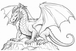 dragon that is long like a snake can breath fire and has 4 legs and wings  it is living in a cave with bones