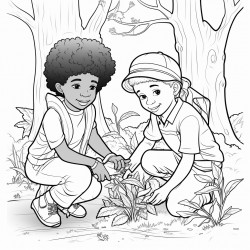 professional sketch drawing of african boy and a girl chlid caring  for plants in the forest for a coloring page