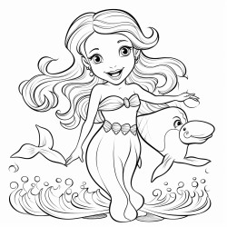 a cheerful mermaid with a long wavy tail swimming alongside two dolphins