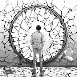 a person standing in front of a large shattered mirror