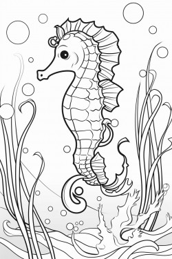 a seahorse floating gracefully among seaweed and bubbles