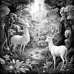 an abstract representation of animals in thick forest with lots of imaginations