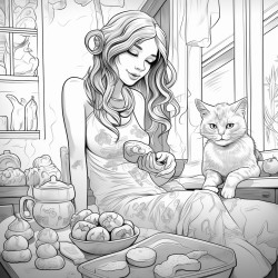 i want to color a silly picture of a sweet girl baking cookies with her cat she lives on a river