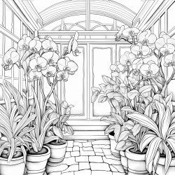 create a blackandwhite coloring page of orchids in full bloom inside a greenhouse use bold outlines for large petals stems and a few leaves add arching stems for variety include minimal background details like glass panes or plant pots to keep the focus on the orchids keep the design simple