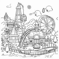 a kawaii amusement park with abandoned rides and spooky attractions