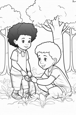 professional sketch drawing of african boy and a girl chlid planting trees in the forest for coloring book coloring page