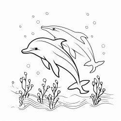 kids coloring page with delphins black and white simple line art style minimalist drawing white background style raw
