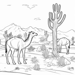 a desert scene with camels and cacti