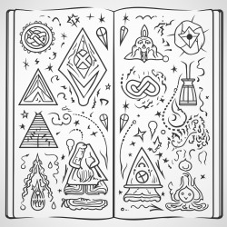 a wizards spellbook with norse runes magical creatures and alchemy symbols