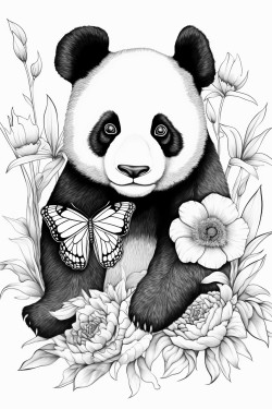 una panda jugando con mariposas en una pampa primaveral