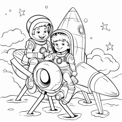 can you create a coloring picture of an astronaut giraffe and a kid they are seating in a rocket ready to take of to our sun