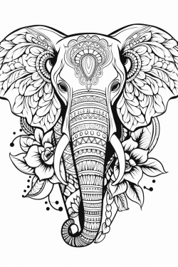 elephant zentangle art with flowers on the side