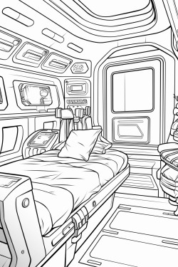 space ship cabin c bed with screens with desk space futuristic detail coloring book