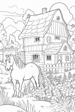 horses graze in lavender fields whimsical landscape with a quaint stone house surrounded by flowers and a cypress tree