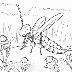 earwig with long forceps tail in a garden with sky background