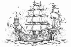 pirate ship on ocean with hourglass symbol