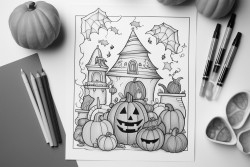 halloween coloring page with 5 items including a dragon castle pumpkin and candy bag