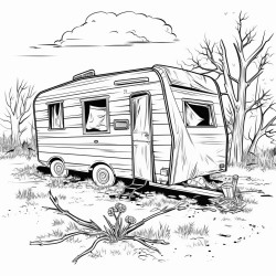 caravane in background abandoned house