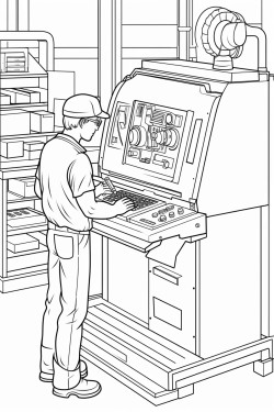 a machinist standing at a cnc machine inputting a program