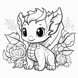 kawaii somewhat detailed nature dragon big eyes chibi with leaves and flowers growing on her scales chibi dragon patter kawaii nature dragon