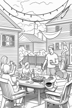 family bbqing in backyard with fourth of july decor all around