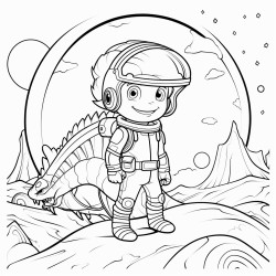 a brave astronaut exploring a mysterious planet with a giant dragon